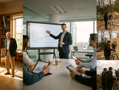 Tournage cinématographique d'un film documentaire d'entreprise avec une caméra professionnelle grand capteur et un éclairage soigné.