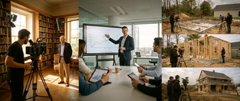 Tournage d'un film documentaire ou d'un module de formation vidéo, illustrant la création de contenus longs et pédagogiques pour l'entreprise.