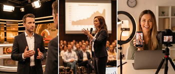 Séance de média training ou de coaching en prise de parole, préparant un dirigeant à s'exprimer efficacement en public et face aux médias.